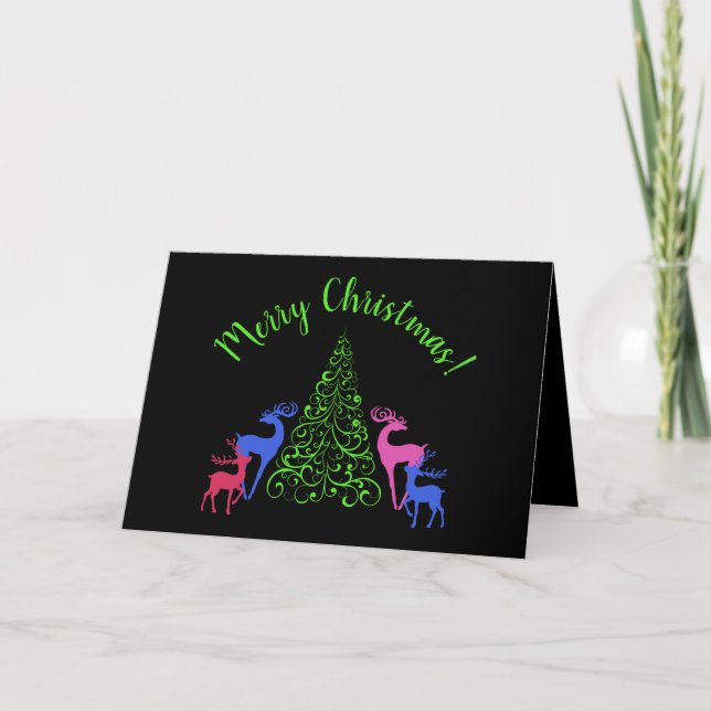 Four Deer & a Merry Christmas Tree Greeting Card (Front)