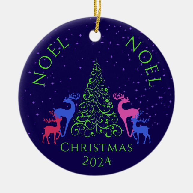 *Four Deer and a Christmas Tree Ceramic Ornament (Front)