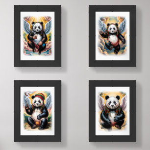 Four different Jamaican Angel Pandas on a Wall Art Sets