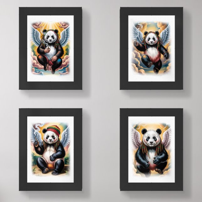 Four different Jamaican Angel Pandas on a Wall Art Sets (Front)