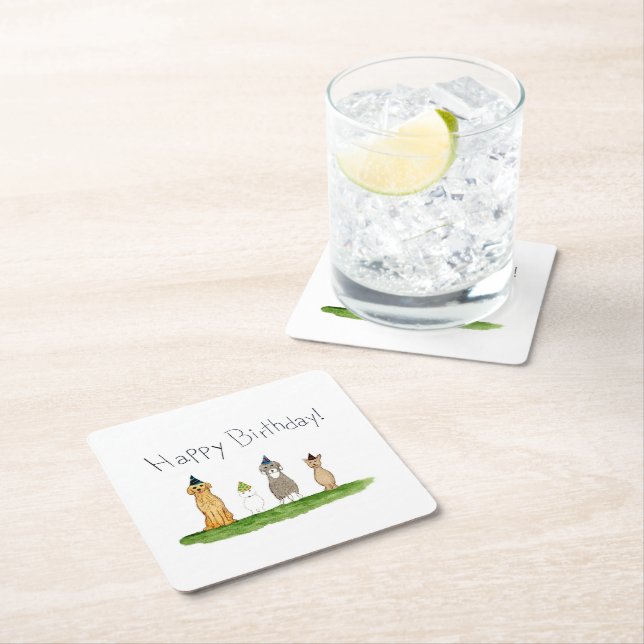 Four Dogs in Party Hats Birthday Square Paper Coaster (Insitu)