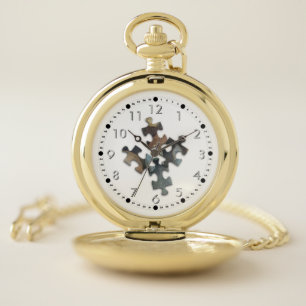 Four Earth Tone Puzzle Pieces Pocket Watch