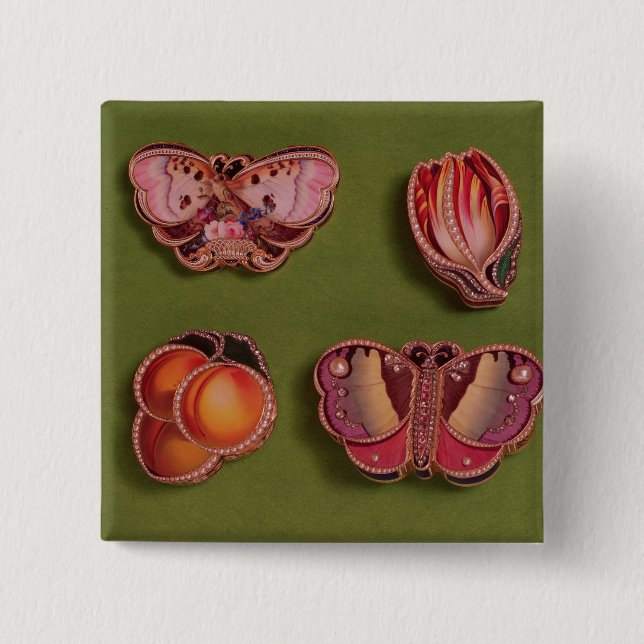 Four enamelled and jewelled boxes, butterfly pinback button (Front)