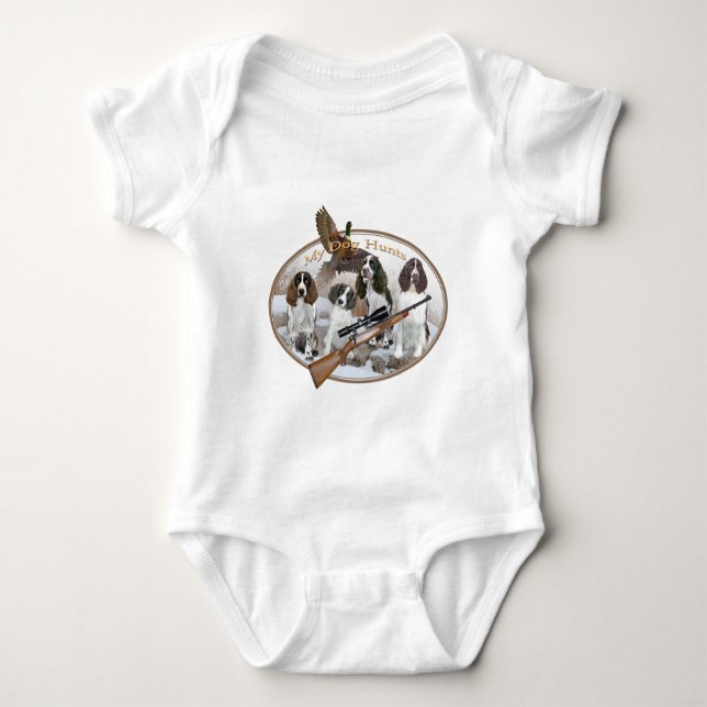 FOUR ENGLISH SPRINGER SPANIEL IN SNOW My Dog Hunts Baby Bodysuit (Front)