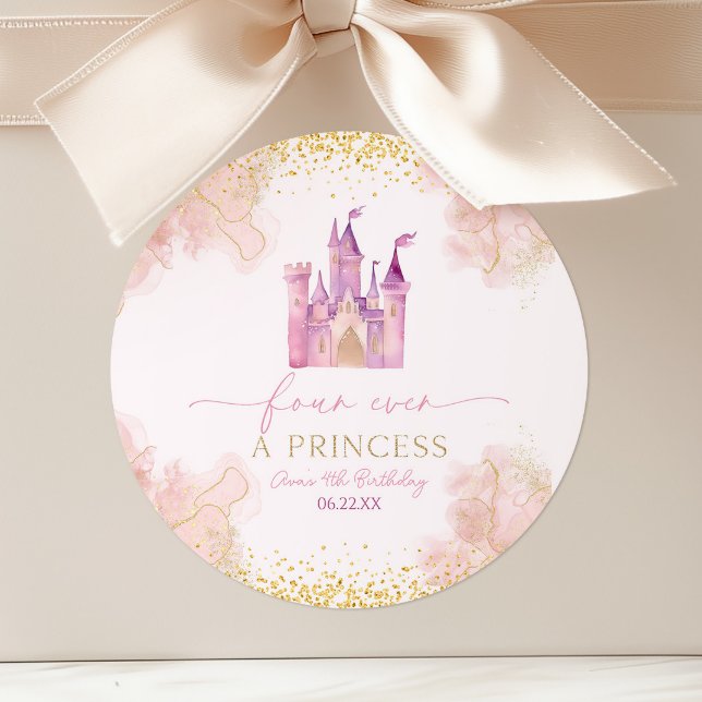 Four Ever A Princess Castle 4th Birthday Party Classic Round Sticker (Creator Uploaded)