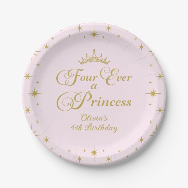 Four Ever a Princess Gold Princess 4th Birthday Paper Plates (Front)