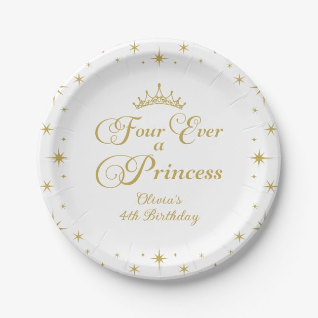 Four Ever a Princess Gold Princess 4th Birthday Paper Plates (Front)