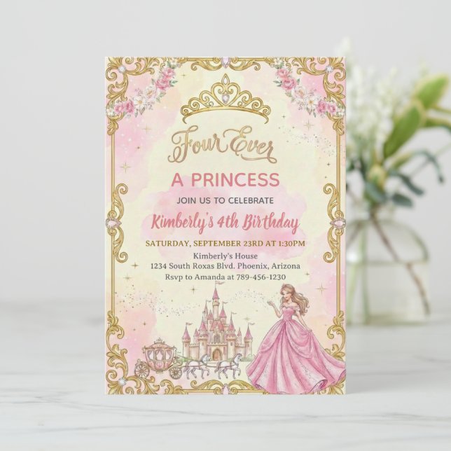 Four Ever A Princess Pink Girl 4th Birthday Party Invitation (Standing Front)