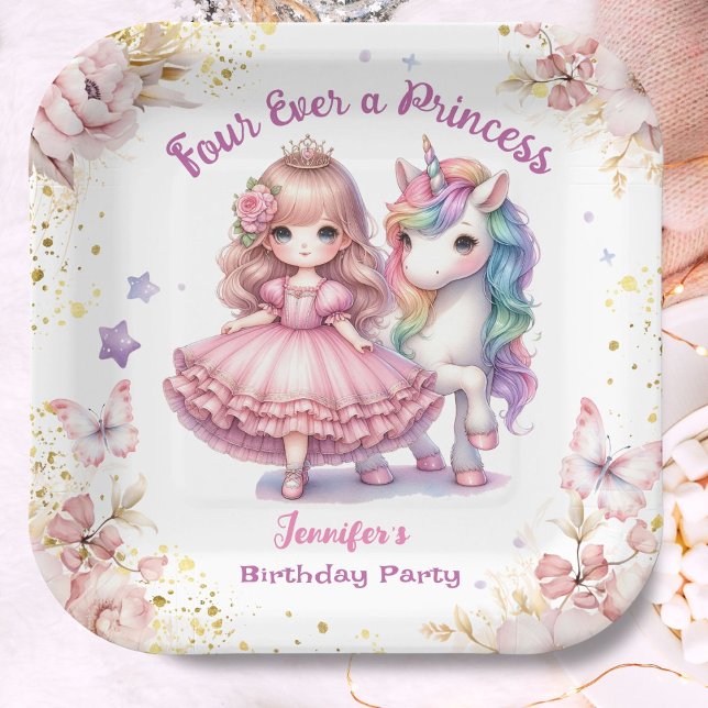 Four Ever A Princess Unicorn 4th Birthday Paper Plates (Creator Uploaded)