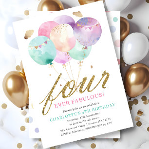 Four Ever Fabulous Balloon 4th Birthday Invitation