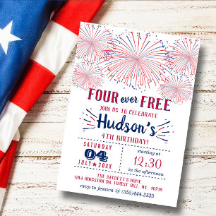 Four Ever Free! 4th Of July 4th Birthday Party Invitation