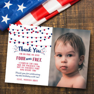 Four Ever Free! 4th Of July 4th Birthday Photo Thank You Card