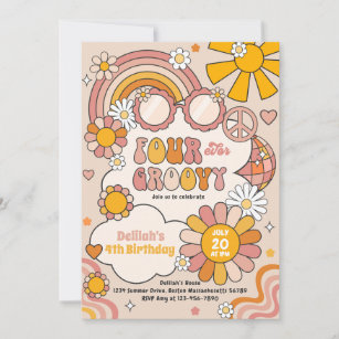 Four Ever Groovy 70s Flower Power Rainbow Birthday Invitation