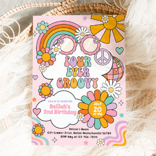 Four Ever Groovy 70s Flower Power Rainbow Birthday Invitation