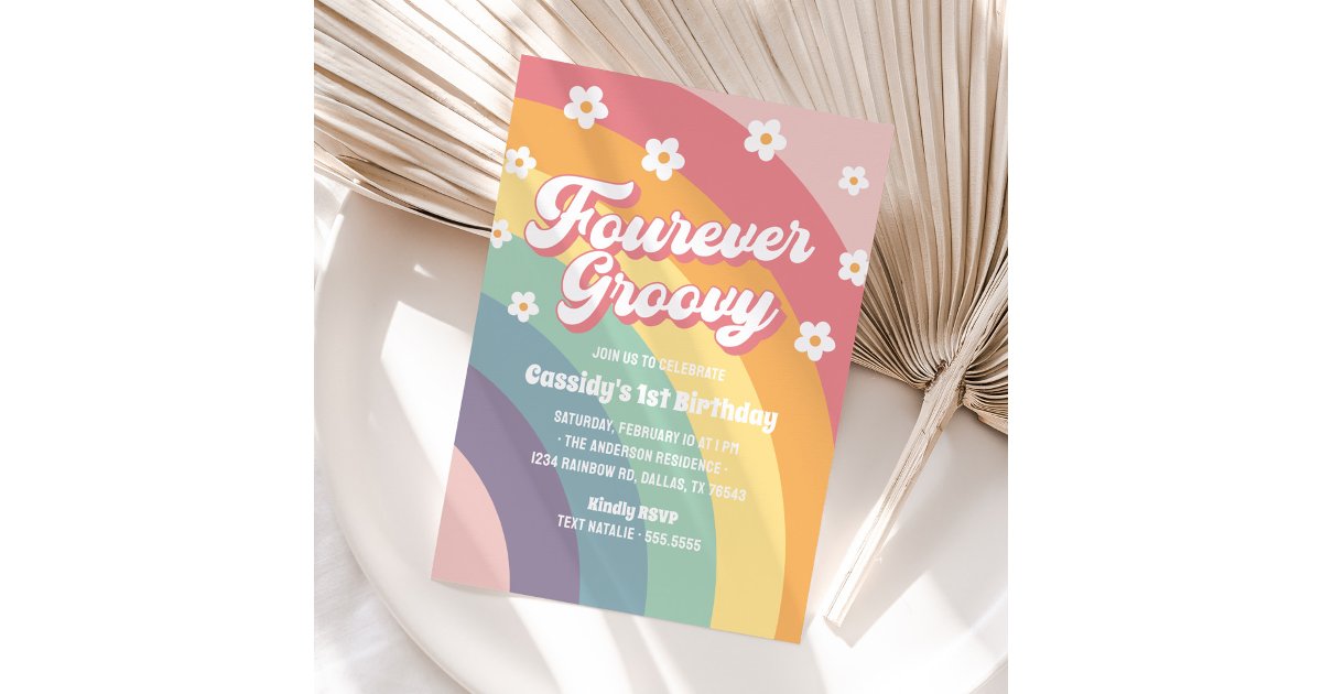 Four Ever Groovy 70s Rainbow Daisy 4th Birthday Invitation | Zazzle