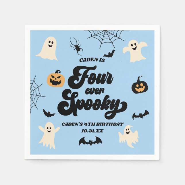Four Ever Groovy Blue Halloween 4th Birthday Party Napkins (Front)