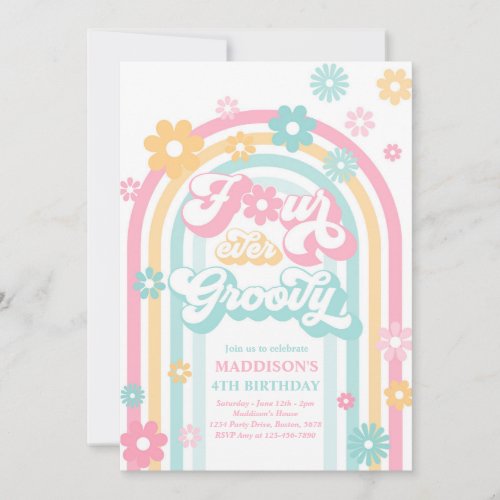 Four Ever Groovy Boho Daisy Rainbow 4th Birthday Invitation