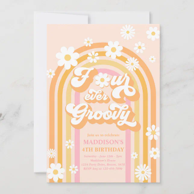 Four Ever Groovy Boho Daisy Rainbow 4th Birthday Invitation | Zazzle