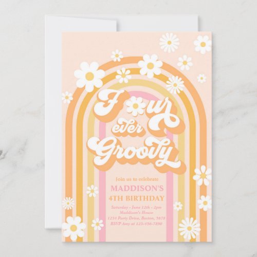 Four Ever Groovy Boho Daisy Rainbow 4th Birthday Invitation