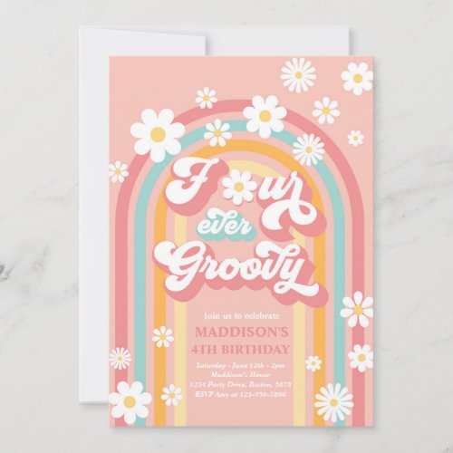 Four Ever Groovy Boho Daisy Rainbow 4th Birthday Invitation