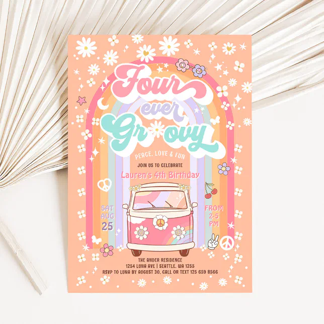 FOUR Ever Groovy Daisy Groovy 4th Birthday Invitation | Zazzle