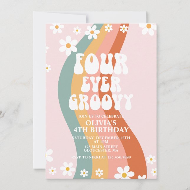 Four Ever Groovy daisy rainbow 4th birthday Invitation (Front)