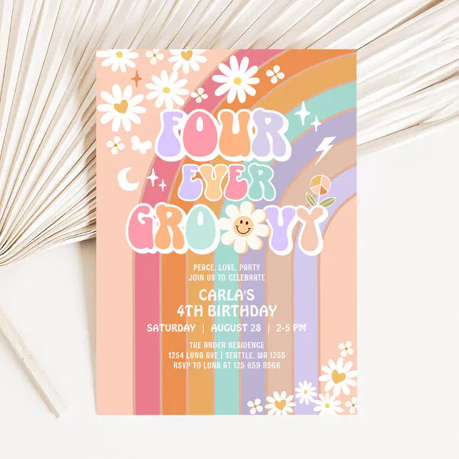 FOUR Ever Groovy Daisy Rainbow Groovy 4th Birthday Invitation | Zazzle