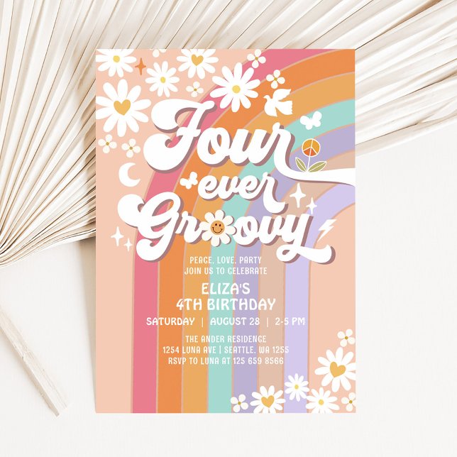 Four Ever Groovy Daisy Rainbow Groovy 4th Birthday Invitation (Creator Uploaded)