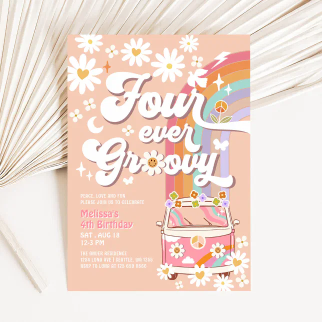 Four Ever Groovy Daisy Rainbow Hippie 4th Birthday Invitation | Zazzle