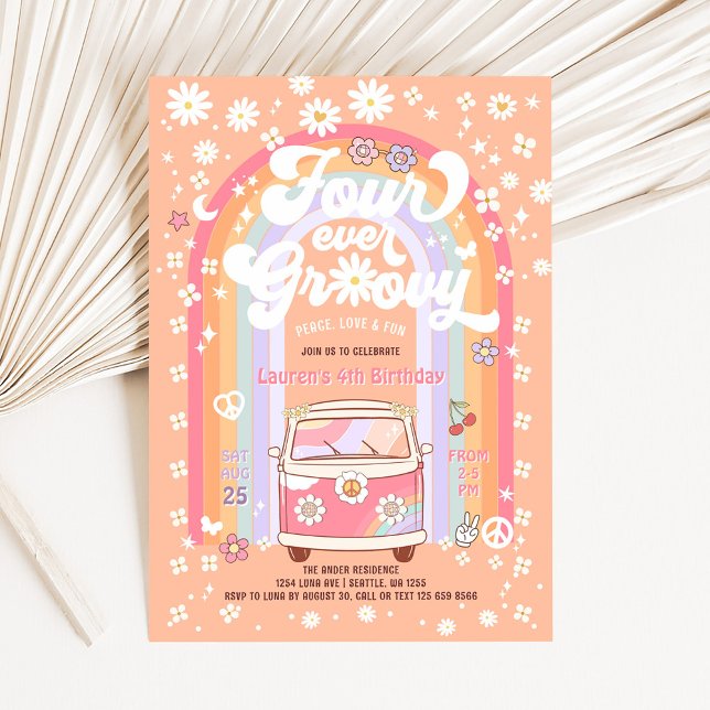 FOUR Ever Groovy Daisy Van 4th Birthday Invitation (Creator Uploaded)