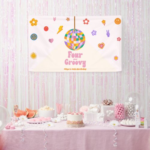 Four Ever Groovy Disco Ball 4th Birthday Party Banner