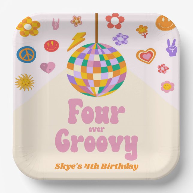 Four Ever Groovy Disco Ball 4th Birthday Party Paper Plates (Front)
