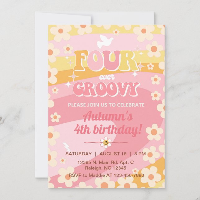 Four-ever Groovy girl 4th birthday invite, retro. Invitation (Front)