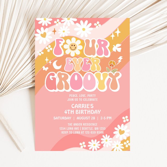 FOUR Ever Groovy Groovy Daisy Hippie 4th Birthday Invitation (Creator Uploaded)