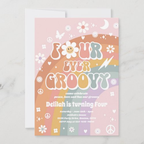 Four Ever Groovy Hippie 4th Birthday Party Invitation