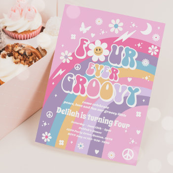 Four Ever Groovy Hippie Rainbow 4th Birthday Party Invitation by PixelPerfectionParty at Zazzle