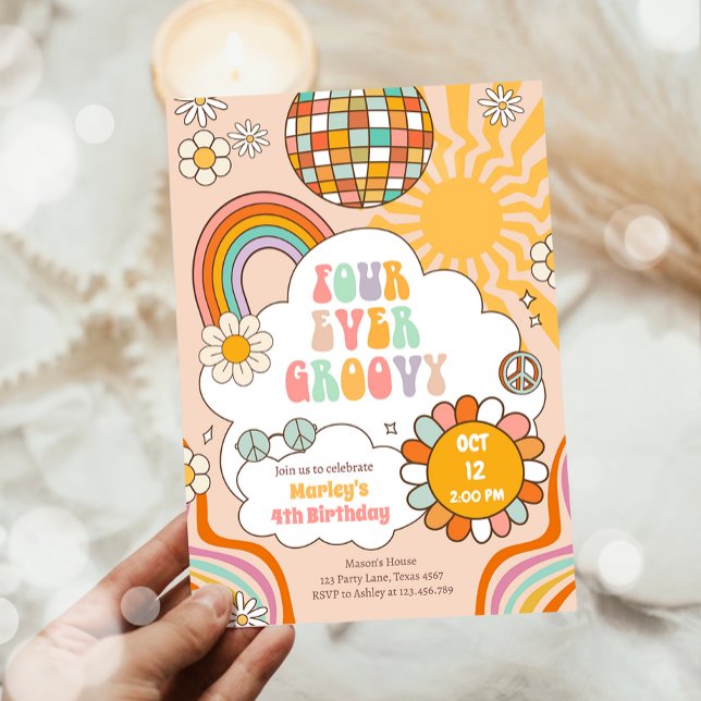 Four Ever Groovy Party Retro 70s Rainbow Birthday Invitation (Creator Uploaded)