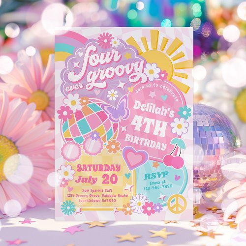 Four Ever Groovy Pastel Rainbow 4th Birthday Party Invitation