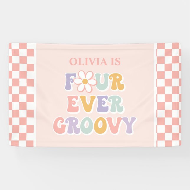 Four Ever Groovy Pink Daisy Checker Banner (Horizontal)