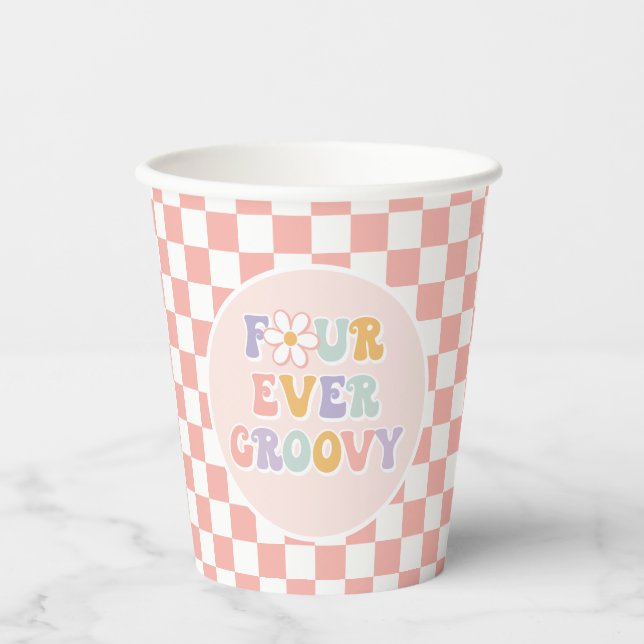 Four Ever Groovy Pink Daisy Checker Paper Cups (Front)