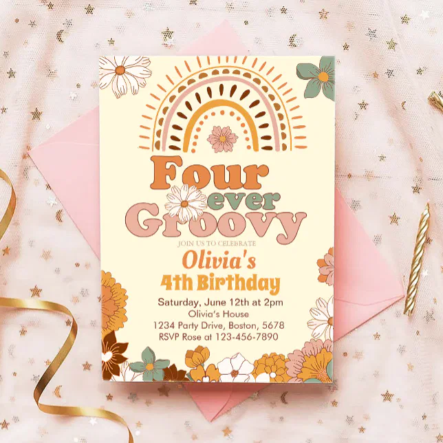 Four Ever Groovy Rainbow 4th Birthday Invitation | Zazzle