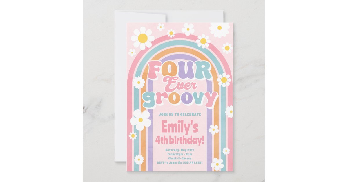 Four Ever Groovy Rainbow 4th Birthday Invitation | Zazzle