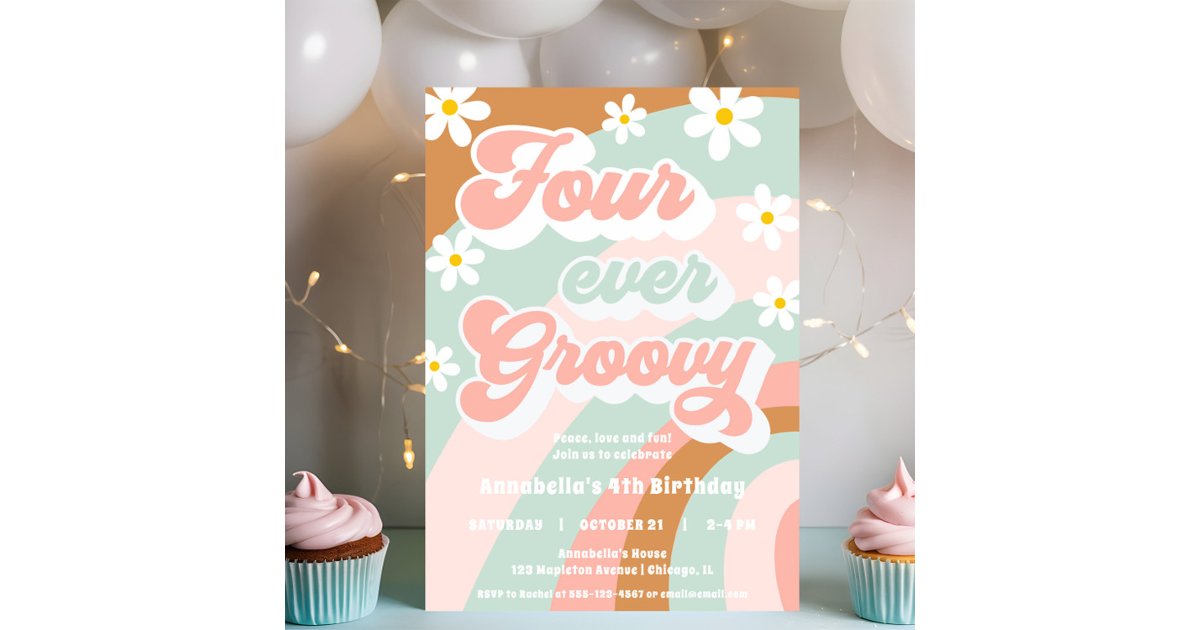 FOUR ever groovy Retro 4th birthday girl Invitation | Zazzle