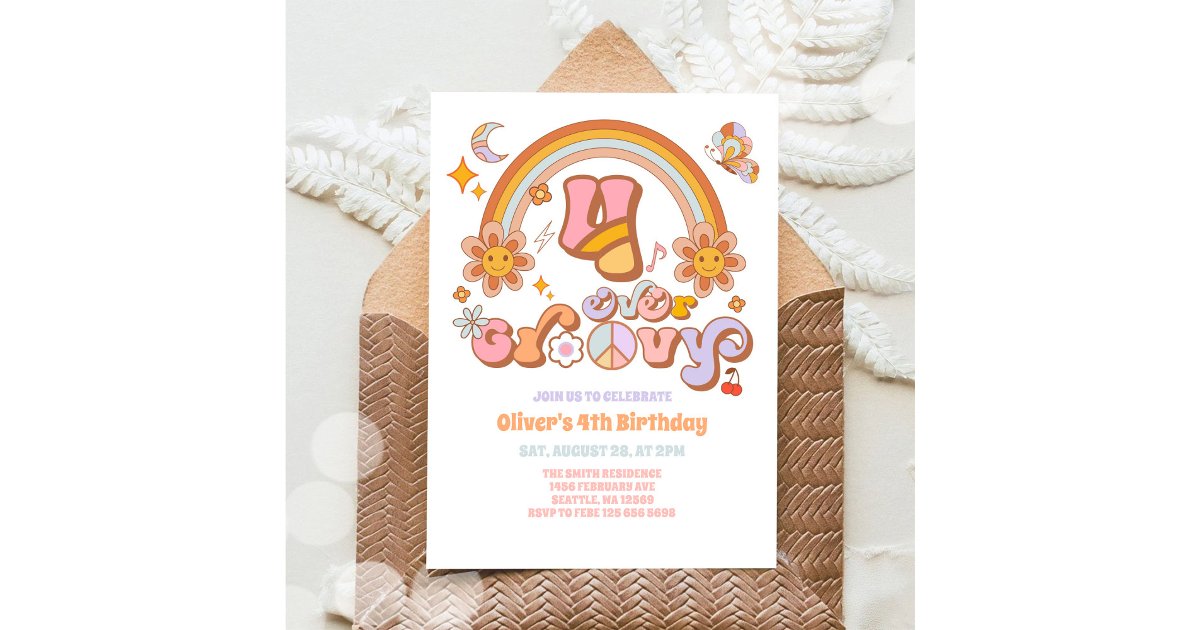 Four Ever Groovy Retro 4th Birthday Invitation | Zazzle