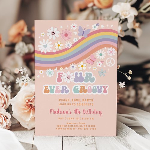 Four Ever Groovy Retro 70s Flower 4th Birthday Invitation