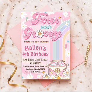 Four Ever Groovy Retro Boho Rainbow 4th Birthday Invitation