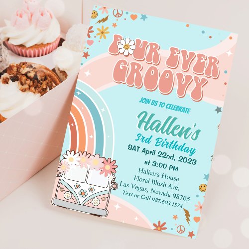 Four Ever Groovy Retro Boho Rainbow 4th Birthday Invitation