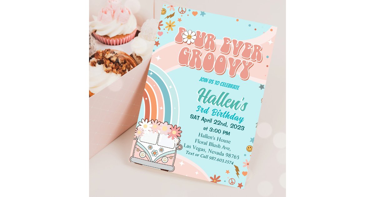 Four Ever Groovy Retro Boho Rainbow 4th Birthday Invitation | Zazzle