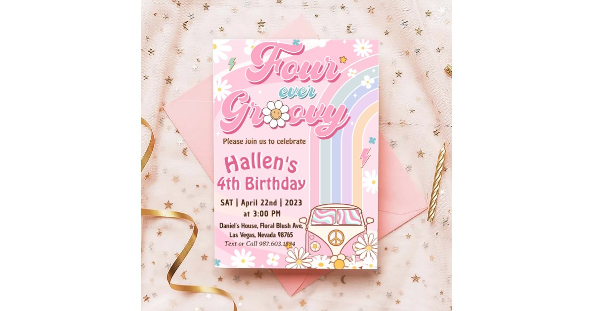 Four Ever Groovy Retro Boho Rainbow 4th Birthday Invitation | Zazzle