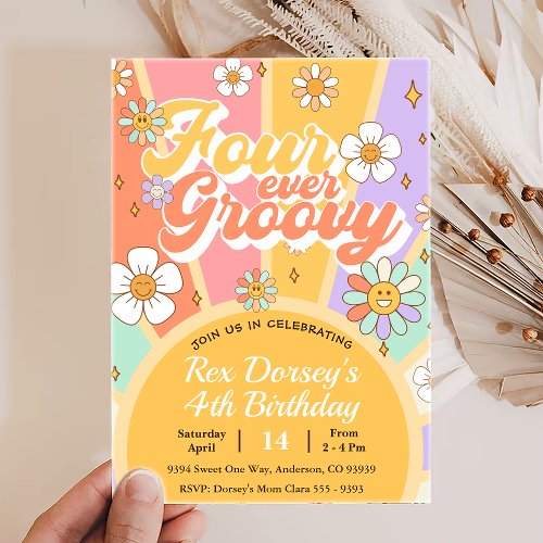 Four Ever Groovy Retro Boho Rainbow 4th Birthday Invitation